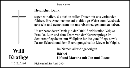 Traueranzeige von Willi Krathge von Helmstedter Nachrichten