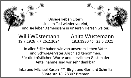 Traueranzeige von Willi und Anita Wüstemann von Helmstedter Nachrichten