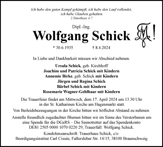 Traueranzeige von Wolfgang Schick von Braunschweiger Zeitung