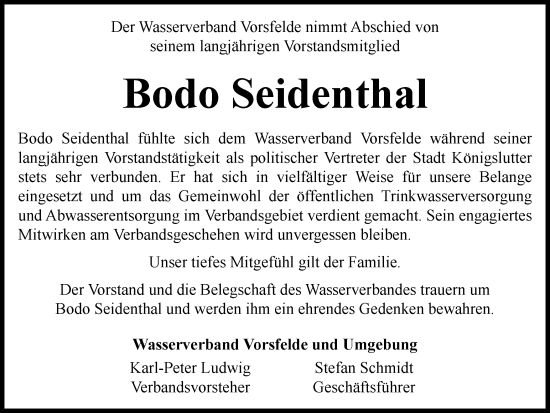 Traueranzeige von Bodo Seidenthal von Wolfsburger Nachrichten, Helmstedter Nachrichten