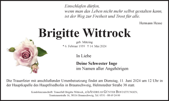 Traueranzeige von Brigitte Wittrock von Braunschweiger Zeitung