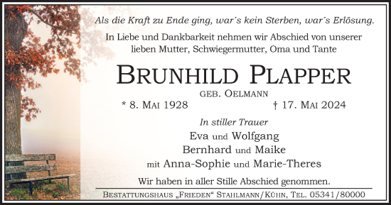Traueranzeige von Brundhild Plapper von Salzgitter-Zeitung