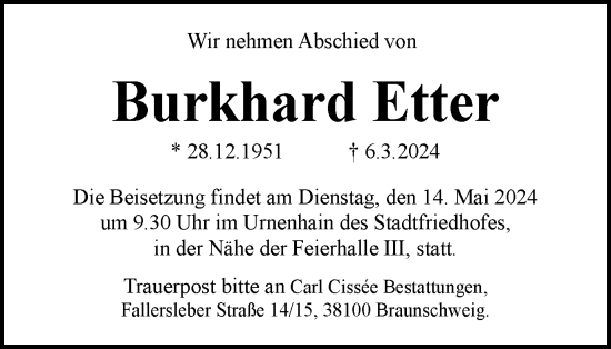 Traueranzeige von Burkhard Etter von Braunschweiger Zeitung
