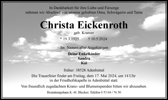 Traueranzeige von Christa Eickenroth von Wolfsburger Nachrichten