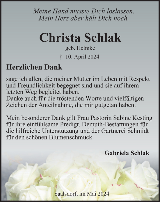 Traueranzeige von Christa Schlak von Helmstedter Nachrichten