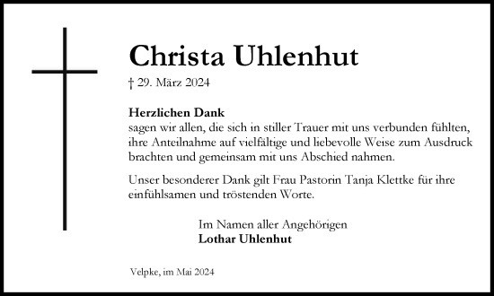 Traueranzeige von Christa Uhlenhut von Helmstedter Nachrichten