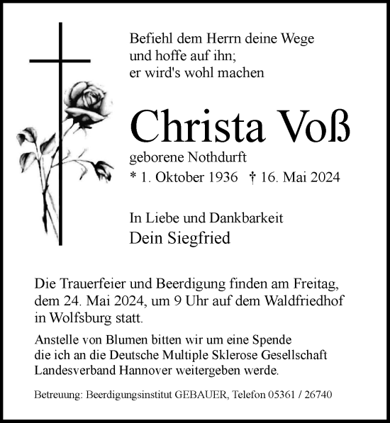 Traueranzeige von Christa Voß von Wolfsburger Nachrichten