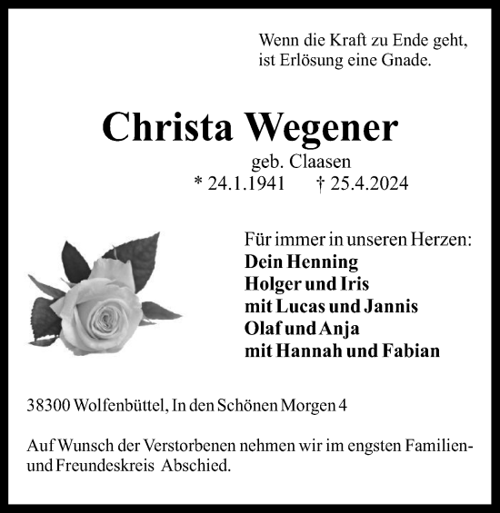 Traueranzeige von Christa Wegener von Wolfenbütteler Zeitung