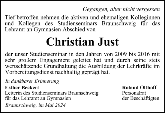 Traueranzeige von Christian Just von Braunschweiger Zeitung