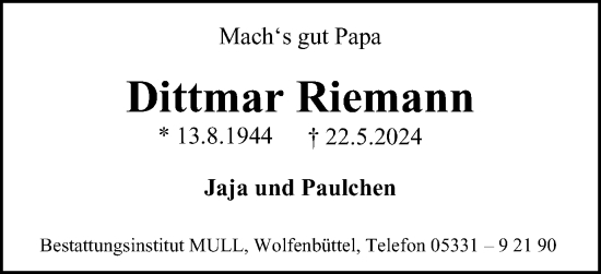 Traueranzeige von Dittmar Riemann von Wolfenbütteler Zeitung