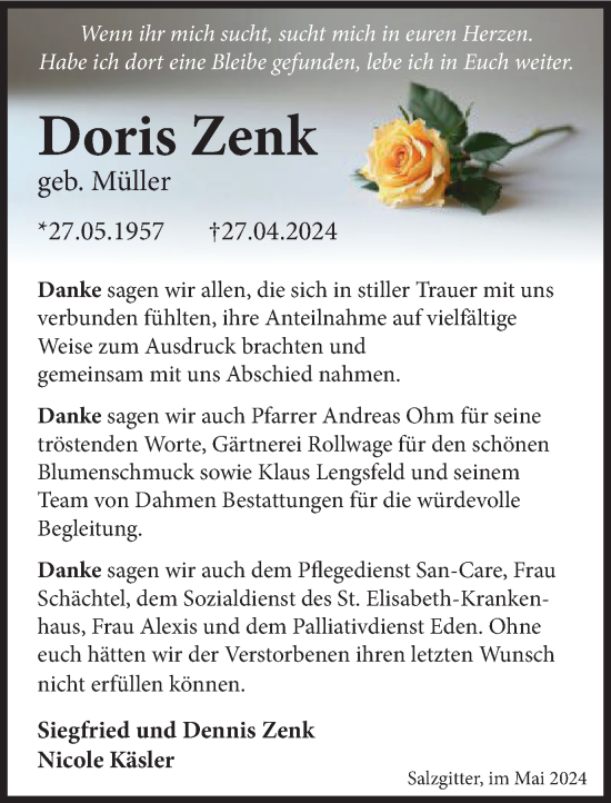 Traueranzeige von Doris Zenk von Salzgitter-Zeitung