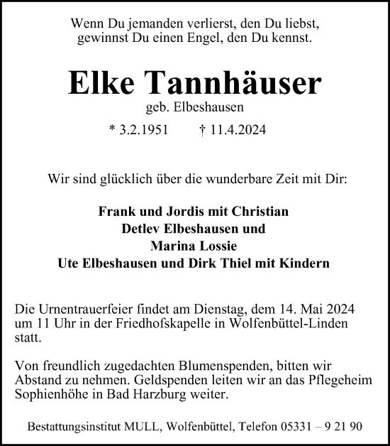 Traueranzeige von Elke Tannhäuser von Wolfenbütteler Zeitung