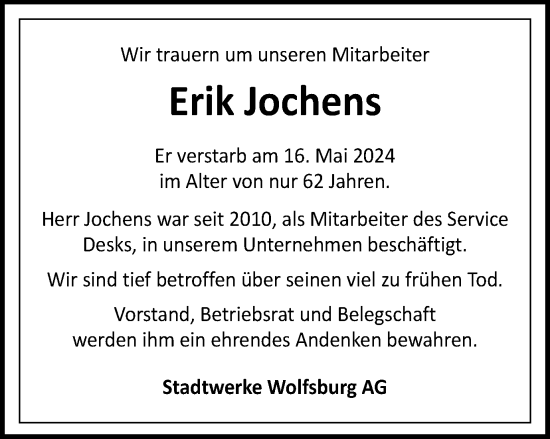 Traueranzeige von Erik Jochens von Wolfsburger Nachrichten