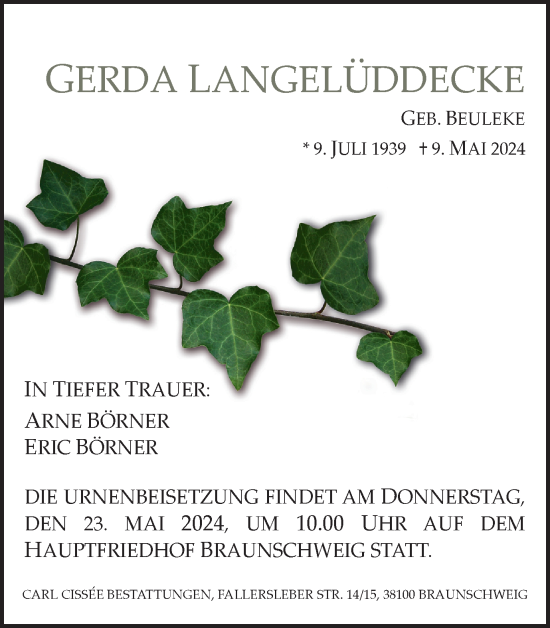 Traueranzeige von Gerda Langelüddecke von Braunschweiger Zeitung
