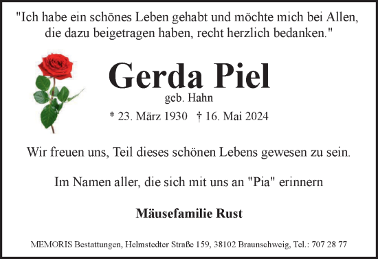 Traueranzeige von Gerda Piel von Braunschweiger Zeitung