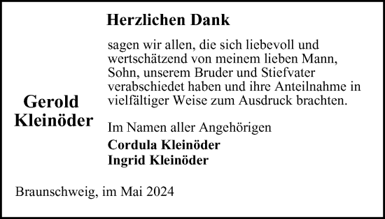 Traueranzeige von Gerold Kleinöder von Braunschweiger Zeitung