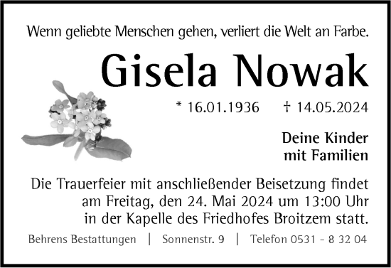 Traueranzeige von Gisela Nowak von Braunschweiger Zeitung