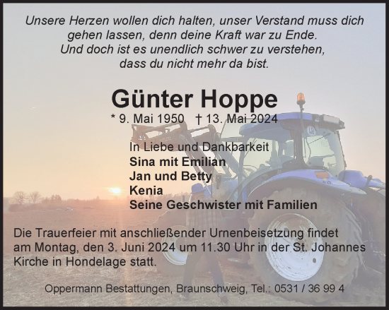 Traueranzeige von Günter Hoppe von Braunschweiger Zeitung
