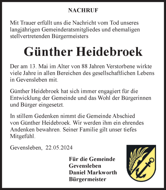 Traueranzeige von Günther Heidebroek von Helmstedter Nachrichten