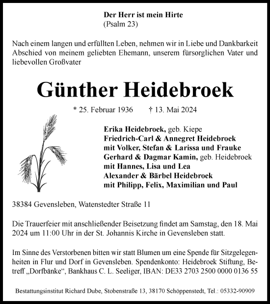 Traueranzeige von Günther Heidebroek von Braunschweiger Zeitung, Helmstedter Nachrichten