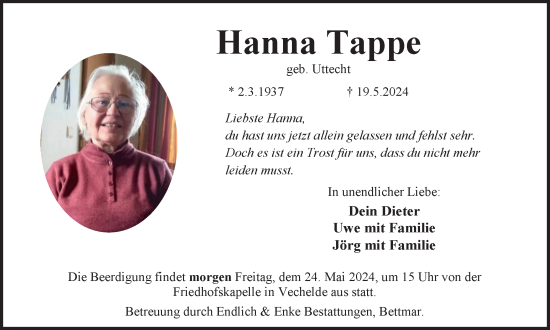 Traueranzeige von Hanna Tappe von Peiner Nachrichten