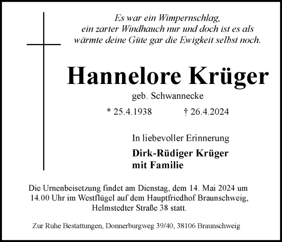 Traueranzeige von Hannelore Krüger von Neue Braunschweiger am Samstag