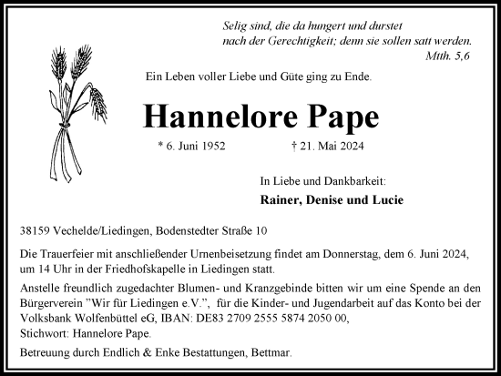 Traueranzeige von Hannelore Pape von Braunschweiger Zeitung