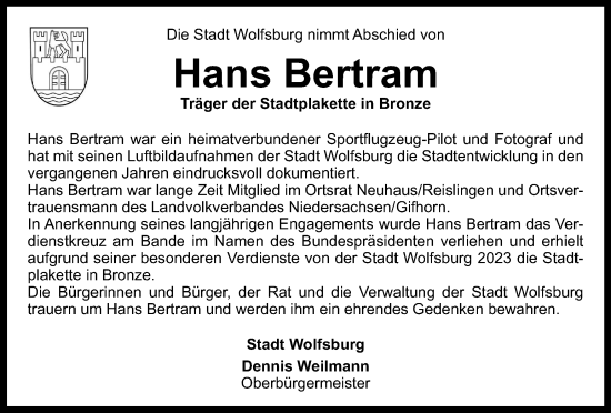 Traueranzeige von Hans Bertram von Wolfsburger Nachrichten