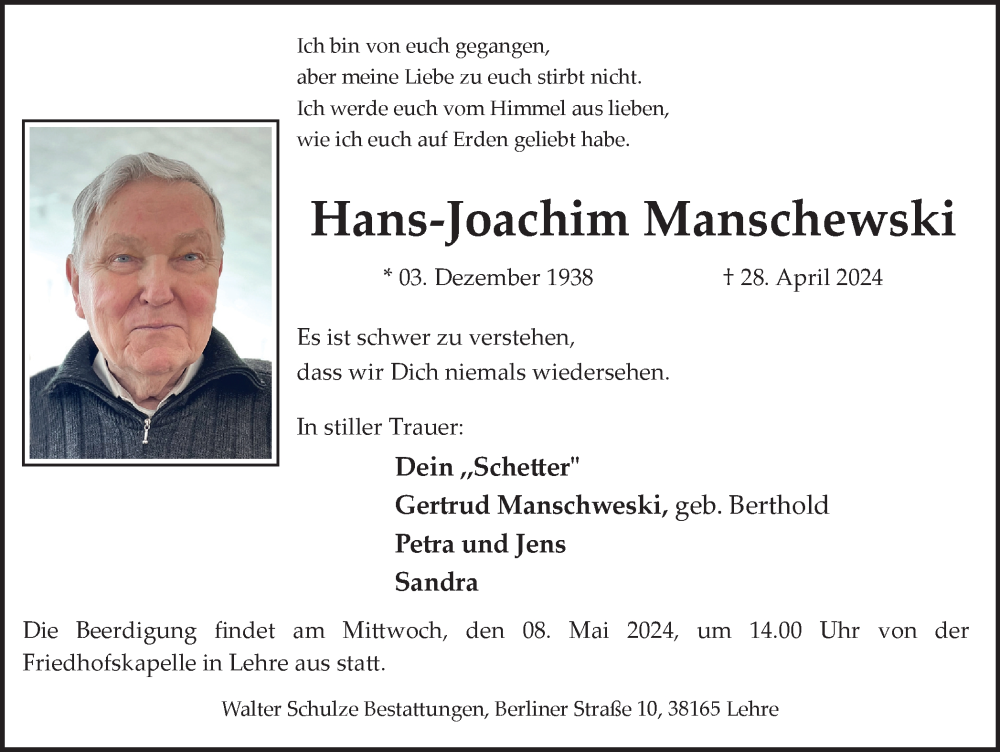  Traueranzeige für Hans-Joachim Manschewski vom 04.05.2024 aus Helmstedter Nachrichten