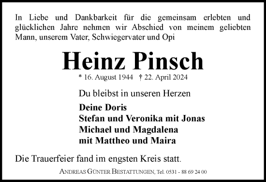 Traueranzeige von Heinz Pinsch von Braunschweiger Zeitung