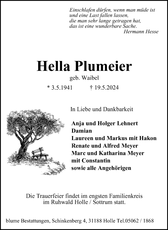 Traueranzeige von Hella Plumeier von Salzgitter-Zeitung