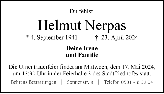 Traueranzeige von Helmut Nerpas von Braunschweiger Zeitung