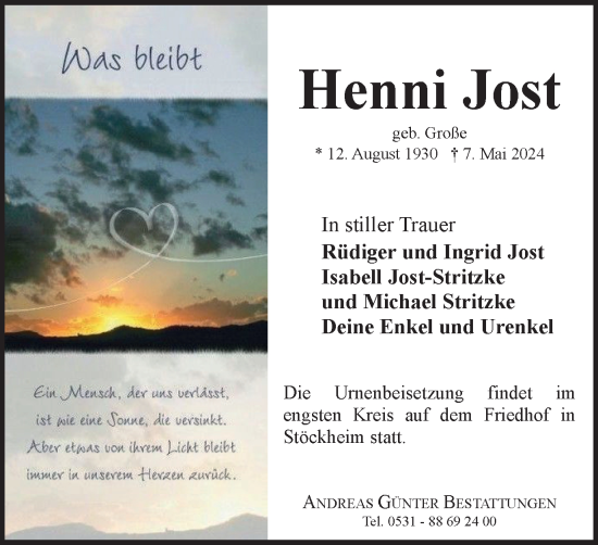 Traueranzeige von Henni Jost von Braunschweiger Zeitung