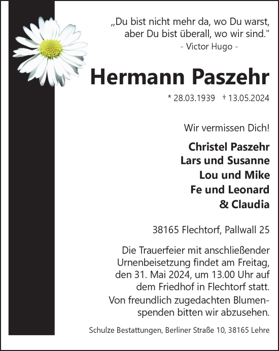 Traueranzeige von Hermann Paszehr von Wolfsburger Nachrichten