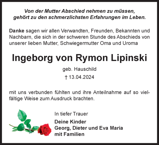 Traueranzeige von Ingeborg von Rymon Lipinski von Helmstedter Nachrichten