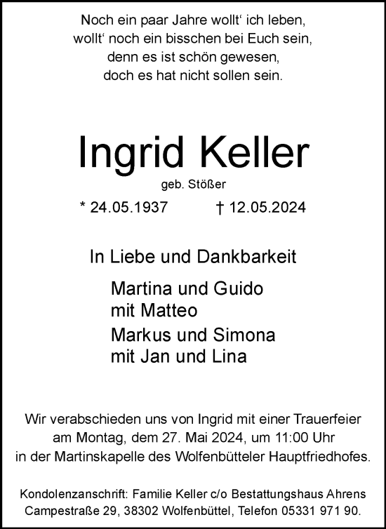 Traueranzeige von Ingrid Keller von Wolfenbütteler Zeitung