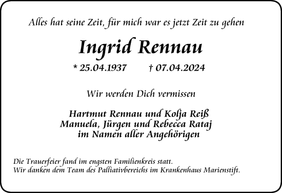Traueranzeige von Ingrid Rennau von Braunschweiger Zeitung