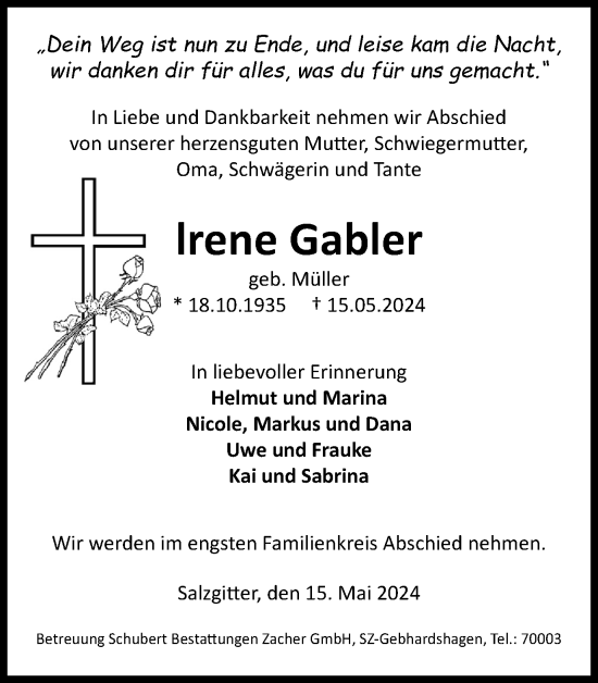 Traueranzeige von Irene Gabler von Salzgitter-Zeitung