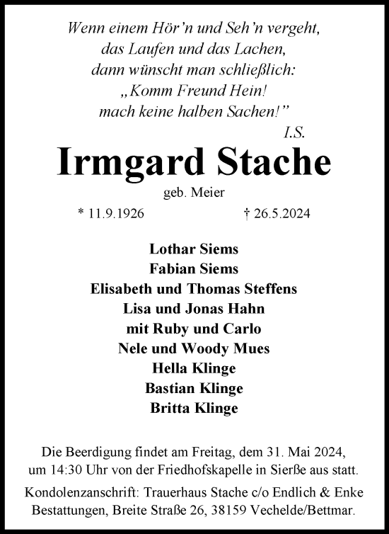 Traueranzeige von Irmgard Stache von Braunschweiger Zeitung