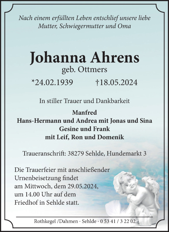 Traueranzeige von Johanna Ahrens von Salzgitter-Zeitung