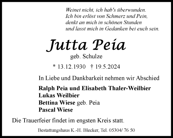 Traueranzeige von Jutta Peia von Braunschweiger Zeitung