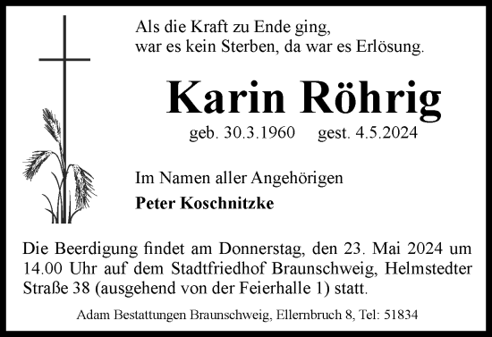 Traueranzeige von Karin Röhrig von Braunschweiger Zeitung