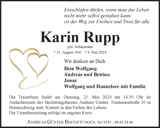 Traueranzeige von Karin Rupp von Braunschweiger Zeitung