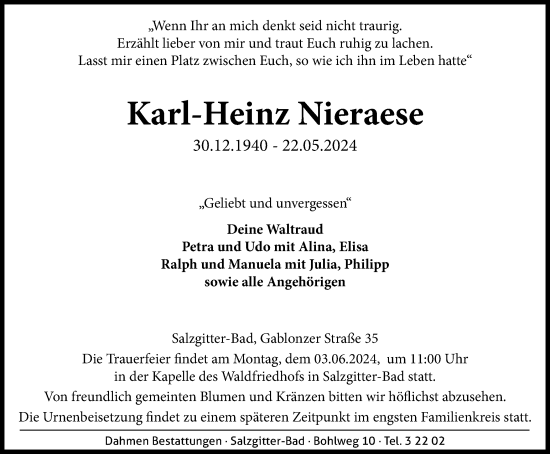 Traueranzeige von Karl-Heinz Nieraese von Salzgitter-Zeitung