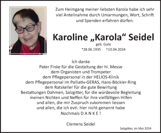 Traueranzeige von Karoline Seidel von Salzgitter-Zeitung