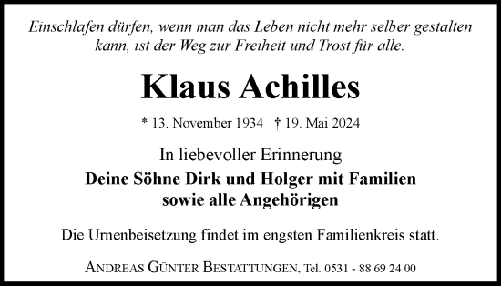 Traueranzeige von Klaus Achilles von Braunschweiger Zeitung