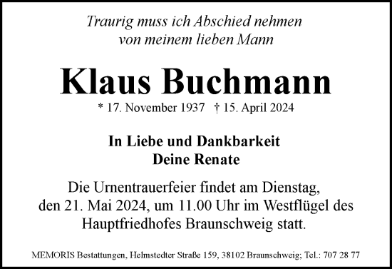 Traueranzeige von Klaus Buchmann von Braunschweiger Zeitung