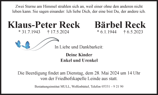 Traueranzeige von Klaus-Peter und Bärbel Reck von Wolfenbütteler Zeitung