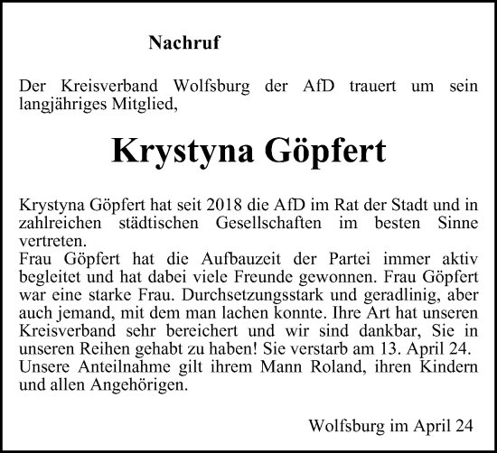 Traueranzeige von Krystyna Göpfert von Wolfsburger Nachrichten