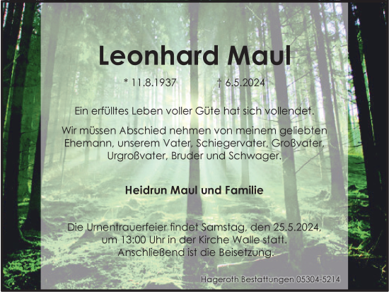 Traueranzeige von Leonhard Maul von Wolfsburger Nachrichten